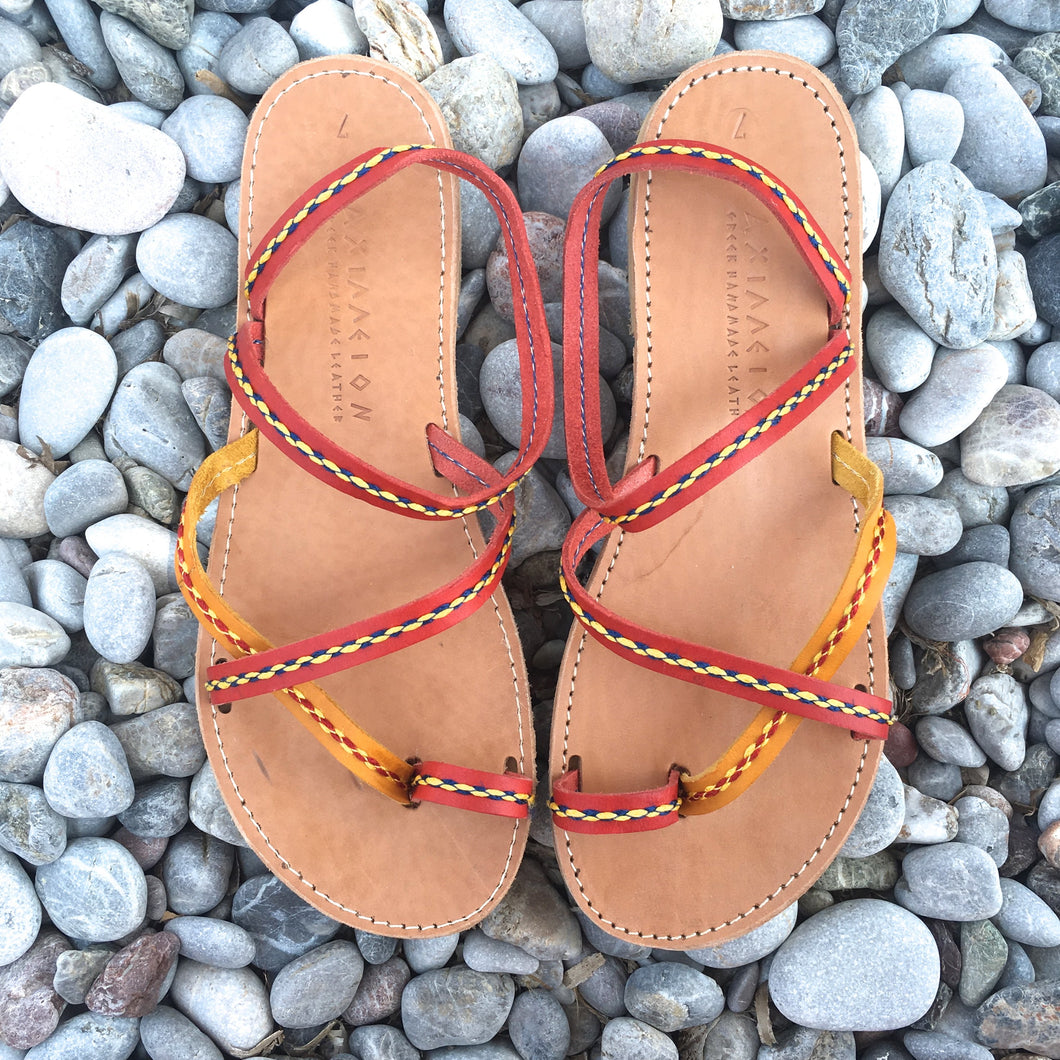 Sandaler Handgjorda i Skinn  /  Röd - Gul