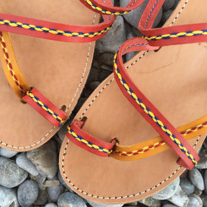 Sandaler Handgjorda i Skinn  /  Röd - Gul