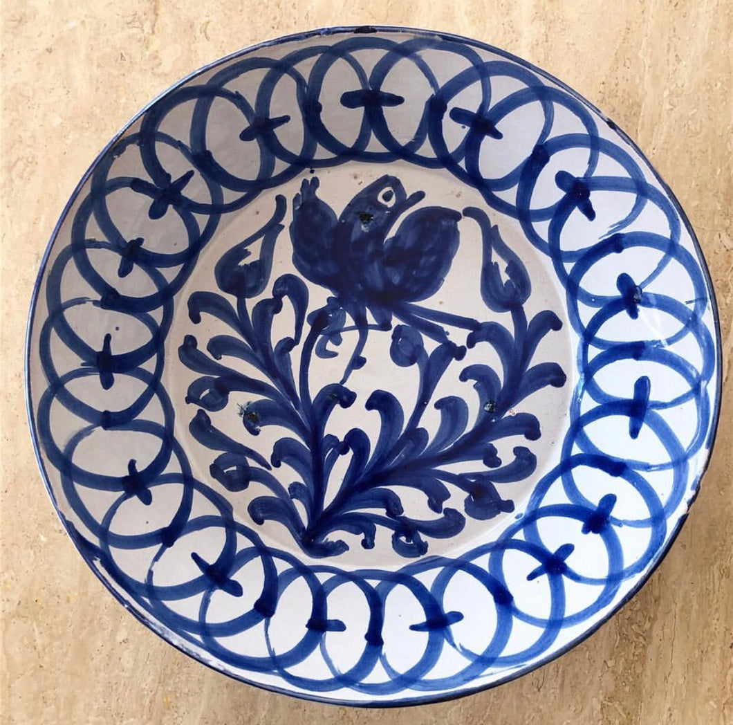 Spansk Stor Blå / Vit Keramikskål med fågel, Fajalauza